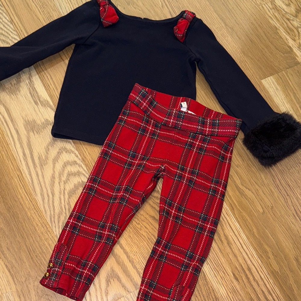 Janie and Jack Navy Top with Red Plaid Accent